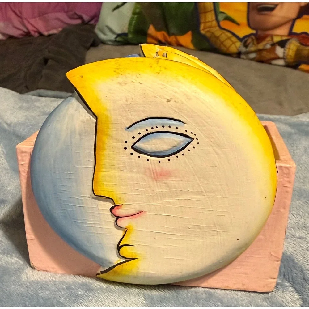 Vintage Celestial Moon Face Coaster Set with Pink Wooden Holder Hand Painted 5pc